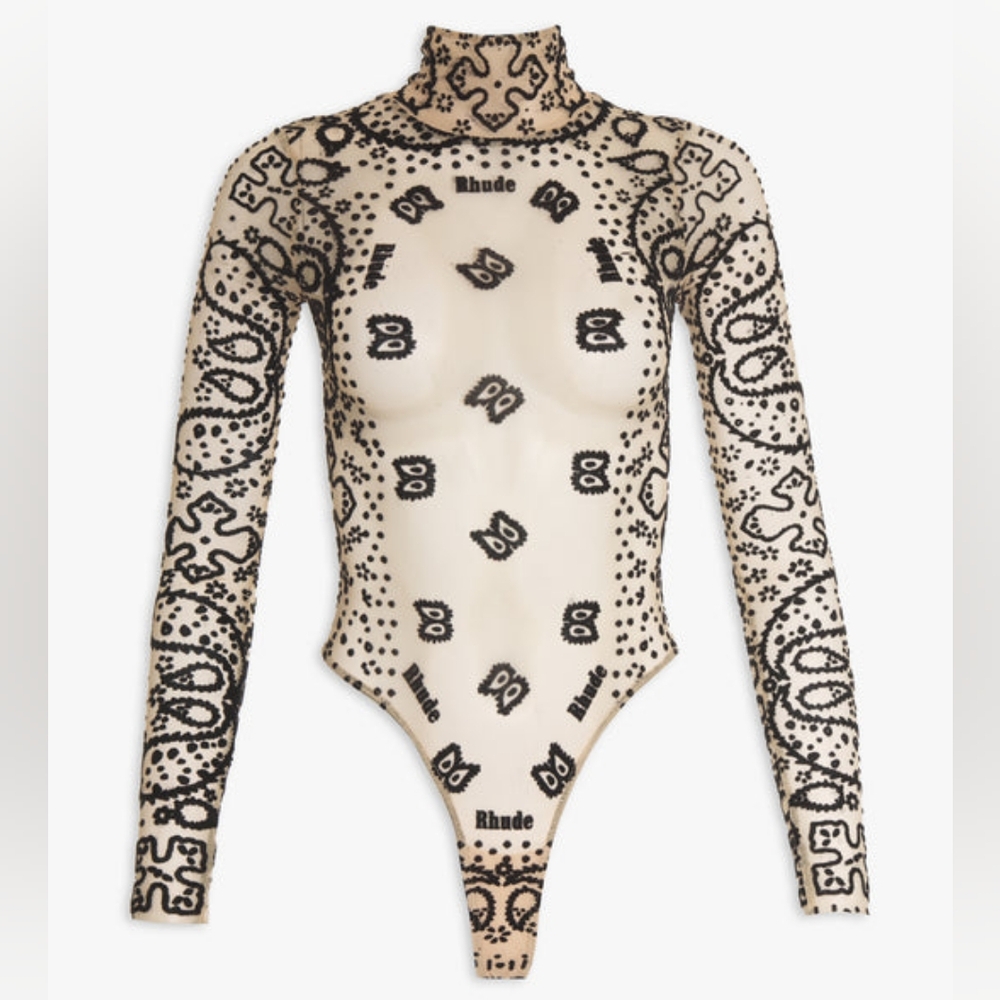 BB4. NWT RHUDE BANDANA SHEER EMBROIDERED LONG SLEEVE BODYSUIT